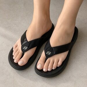 Skechers Tone-ups Toning Flip Flops Sz 10 Black Comfort Sequin Platform Walking